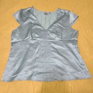 Vintage Top Blouse 14 City DKNY Y2K 2000s Cap Sleeve Blue Silk VNeck Rhinestone